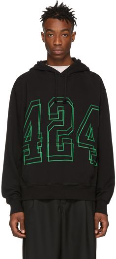 424: Black Logo Hoodie | SSENSE Black Drawstring Hoodie, Green Hooded Hoodie With Drawstring, Sporty Green Hoodie With Drawstring, Green Drawstring Hoodie For Streetwear, Sweaters For Men, Oversized Crewneck, French Terry Hoodie, Bags For Men, Sweater Design