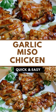 garlic miso chicken on a plate with noodles