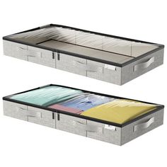 two storage boxes with clothes in them on top of each other, one open and the other closed