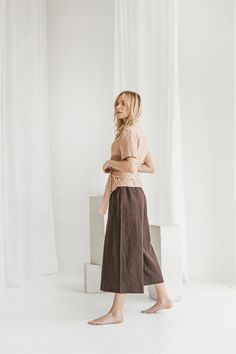 Linen Wrap Blouse. Short Sleeve Top in Dusty Peach Color. Soft - Etsy Casual Linen Wrap Top For Summer, Casual Linen Wrap Top, Casual Short Sleeve Wrap Top, Beige Linen Short Sleeve Blouse, Linen Wrap Top, Loose Linen Pants, Long Linen Skirt, Wide Leg Culottes, Dark Chocolate Color