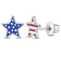 Adorned with the vibrant enamel colors of the American flag, these charming star-shaped earrings are a fun accessory for the 4th of July or any patriotic occasion. Expertly crafted from hypoallergenic 925 sterling silver, they ensure both durability and comfort for sensitive ears. The safety screw back closures provide a secure fit, making them ideal for active children. These earrings combine style with safety, allowing kids to showcase their patriotic spirit with confidence. These fun enamel f Blue Patriotic Earrings For Independence Day, Patriotic Blue Earrings For Independence Day, Patriotic Red Star-shaped Earrings, Patriotic Multicolor Earrings For Independence Day, Patriotic Red Star Earrings, Patriotic Earrings For 4th Of July Gift, Multicolor Earrings For Independence Day Gift, Patriotic Blue Star Jewelry, Patriotic Blue Star Shaped Jewelry