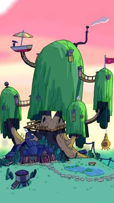 a cartoon tree house in the middle of an island with trees growing out of it