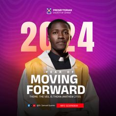 a man standing in front of a purple background with the words, year of moving forward