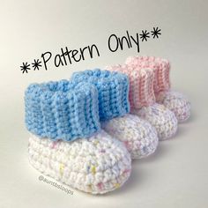 three crocheted baby booties with the words pattern only