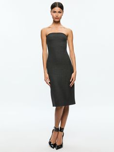 Kelly Strapless Midi Dress In Charcoal Grey Melange Elegant Bodycon Midi-length Strapless Dress, Elegant Bodycon Midi Strapless Dress, Straight Neckline Midi Dress For Night Out, Fitted Midi Dress With Straight Neckline And Side Slits, Fitted Bodice Midi Dress With Side Slits, Formal Strapless Bodycon Dress With Straight Neckline, Sleek Bodycon Midi Dress With Straight Neckline, Evening Bandage Dress With Straight Neckline, Sleek Fitted Strapless Midi Dress