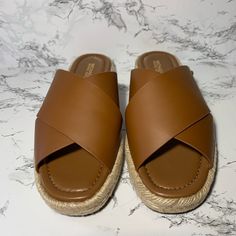 New And Never Used Linden Slides Brown Leather Sz 8 Michael Kors Slides Brown, Brown Espadrilles With Cork-bed Midsoles For Vacation, Leather Footbed Wedge Sandals For Vacation, Brown Closed Toe Platform Footbed Sandals, Brown Closed Toe Mules For The Beach, Brown Closed Toe Mules For Beach, Brown Flat Heel Mules For Beach, Closed Toe Platform Footbed Sandals For Vacation, Brown Platform Sandals For Beach