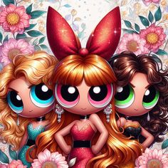 three cartoon girls standing next to each other in front of pink flowers and green eyes