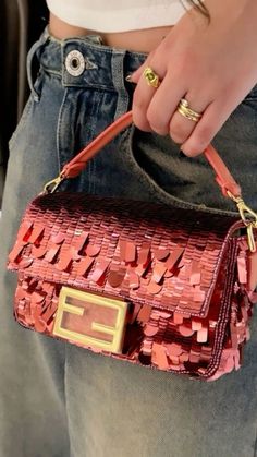 Fendi Sequin Bag Outfit, Pink Fendi Baguette, Fendi Sequin Bag, Fendi Baguette Aesthetic, Fendi Baguette Sequin, Fendi Bag Aesthetic, Mini Purse Aesthetic, Aesthetic Baguette, Sequin Aesthetic