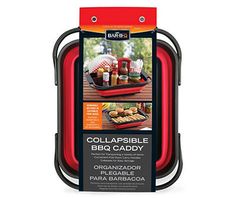 barbecue grilling set with red trays and black handles on the outside of it