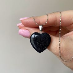 "Stunning dark blue Goldstone heart pendant. It could be a the great gift for someone as mysterious as this stone! Don't miss out the opportunity to show your feelings. This stone is not only charming with its \"night sky\" color, but also has a very glassy touch. Comes in gift box so you can certainly create a \"wow-effect\". Properties of Blue Goldstone jewelry: ➛ Promotes optimism and personal growth. ➛ Boosts ambitions.   ➛It has an influence on sight, hearing and smell. ➛ Blue goldstone is Spiritual Black Heart-shaped Necklace, Handmade Black Heart Necklace For Gift, Spiritual Black Heart-shaped Necklaces, Blue Goldstone Jewelry, Natural Necklace, Necklace African, Nature Necklace, Blue Goldstone, Sky Color