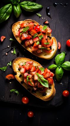 two slices of bread topped with tomatoes and basil