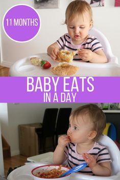 baby eats in a highchair with the words 11 months and then it's time to eat