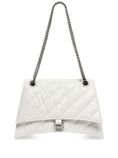 Crush chain-strap shoulder bag from BALENCIAGA featuring white, leather, quilted, silver-tone logo plaque, sliding chain-link shoulder strap, foldover top with magnetic fastening, partitioned compartment and internal zip pocket. Conscious: We've partnered with Good On You – an ethical agency that rates how sustainably brands perform. This item comes from a brand that performs well in relation to their impact on the planet.. Cheap White Chain Bags, Luxury Silver Bags With Chain Strap, Luxury Silver Bag With Chain Strap, Cheap White Shoulder Bag With Chain, Luxury Silver Shoulder Bag With Chain Strap, White Square Shoulder Bag With Chain Strap, Balenciaga Shoulder Bag White, White Shoulder Bags, Metallic Bag