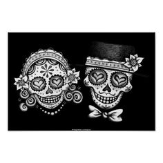 two sugar skulls wearing hats and bow ties