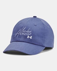 Cotton fabric provides a comfortable, broken-in fit & feel|Large ponytail opening & adjustable strap back closure|Flat, embroidered front logo Curved Visor Dad Hat For Sports, Adjustable Dad Hat For Beach, Adjustable Dad Hat With Curved Bill, Large Ponytail, Blue Hats, Blue Hat, Under Armour Women, Under Armour, Adjustable Straps