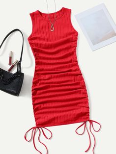 Ruched Drawstring Side Bodycon Dress Red Casual  Sleeveless Fabric Plain Tank Non-Stretch,Slight Stretch Summer Women Clothing, size features are:Bust: ,Length: ,Sleeve Length: Cheap Bodycon Dress With Spaghetti Straps For Night Out, Simple Fitting Dress, Red Dress Outfit Summer, Tight Red Dress Short, Red Dresses Casual, Red Satin Dress Short, Clothes From Shein, Outfit Vestido Rojo, Red Dress Outfit Casual