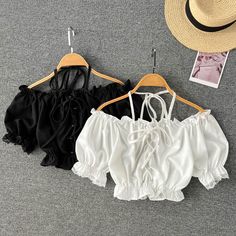 Chiffon Casual Blouse Women Elastic Waist Ruffled Off White Puff Sleeve Crop Top For Party, White Off-shoulder Crop Top With Ruffles, White Trendy Puff Sleeve Crop Top, Trendy White Puff Sleeve Crop Top, Casual Blouse Women, Expensive Fashion, Crop Top Set, Crochet Blouse, White Colors