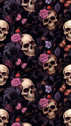 a bunch of skulls and flowers on a black background with pink roses in the middle