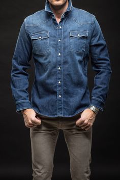 Roper Western Snap Shirt in Dark Blue - AXEL'S Unstructured Denim Shirt For Fall, Denim Blue Shirt For Casual Gatherings, Casual Denim Blue Shirt For Gatherings, Casual Denim Shirt For Gatherings, Denim Blue Shirt With Spread Collar, Casual Dark Wash Shirt With Spread Collar, Unstructured Denim Shirt In Medium Wash, Dark Wash Long Sleeve Shirt, Unstructured Medium Wash Denim Shirt