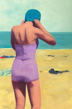 a painting of a woman in a purple bathing suit looking out at the ocean and sand