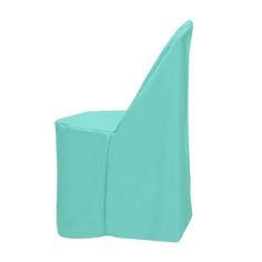 the back of a chair with a cover on it's seat, in aqua blue