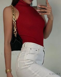 Lasaky - Sophisticated Innerwear: Trendy Red High-neck Knit Sweater for an Elegant Layered Ensemble Top Rojo, Turtle Neck Crop Top, Sleeveless Outfit, Basic Sweaters, Black Off Shoulder, Knit Turtleneck Sweater, Street Look, Black Turtleneck, Summer Tank Tops