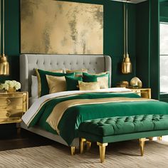 a bedroom with green walls and gold accents