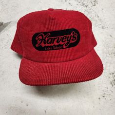 Excellent preloved red courdoroy hat from Harvey's casino, lake tahoe. Good form to the hat, 70s 80s vintage hat. Adjustable snap back. One size. Retro Red Trucker Hat, Retro Red Cap, Retro Red Hat With Flat Bill, Retro Red Hats With Flat Bill, Vintage Red Flat Bill Baseball Cap, Vintage Red Snapback Hat, Retro Red Flat Bill Hat, Vintage Red Trucker Hat With Curved Brim, Red Vintage Trucker Hat With Curved Brim