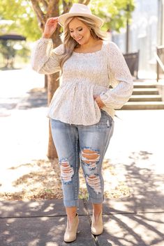 We love this beautiful top! This top has a mesmerizing ivory color with a trendy floral print that is perfect for the season! The smocked bodice and babydoll design is so chic! Style this top with distressed skinnies and booties for a sassy chic look! 100% Polyester Plus Size Cream Outfits, Plus Size Outfits Big Belly, White Smocked Top For Day Out In Fall, Chic White Smocked Top For Fall, White Smocked Top For Fall, White Smocked Top For Fall Day Out, White Smocked Top With Smocked Bodice For Fall, White Smocked Top With Ruffles For Fall, Fall White Smocked Top With Ruffles