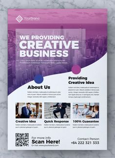 a purple and white business flyer