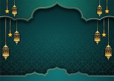 a green background with gold lanterns and stars on the sides, arabic style, pattern, decoration png and psd