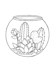 a drawing of a fish bowl with cactus and succulents in the water