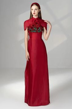 Brianna Sheath Flower Applique Silk Organza Floor Length Ao Dai | MEAN BLVD Elegant Fitted Organza Evening Dress, Elegant Sleeveless Ao Dai For Wedding, Luxury Silk Evening Dress For Wedding, Luxury Silk Chiffon Wedding Dress, Elegant Sleeveless Fitted Ao Dai, Elegant Sleeveless Silk Wedding Dress, Festive Silk Evening Dress For Gala, Red Organza Evening Dress, Elegant Red Organza Evening Dress