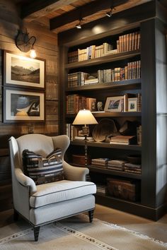 a chair in front of a book shelf filled with books