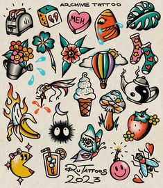 an assortment of tattoo designs on a white paper with the words, i love you