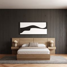 a modern bedroom with wood paneled walls and flooring