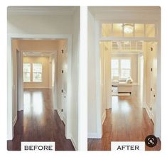 before and after pictures of a home's interior with wood floors, white walls and doors