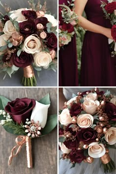 wedding bouquets and bridesmaids in burgundy, ivory, gold and white colors