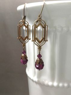 Art Deco Earrings - Art Deco Jewelry - Purple Bridesmaid Jewelry - Great Gatsby Wedding - 1920s Vint Flapper Jewelry, Bijoux Art Deco, Bijoux Art Nouveau, 1920s Vintage, Pearl Jewels, Edwardian Jewelry, 1920s Art, Art Nouveau Jewelry, 1920s Art Deco