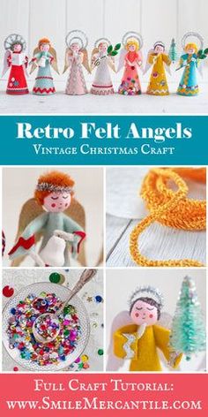 vintage christmas crafts with the words retro felt angels on it and pictures of different items