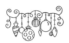 christmas ornaments hanging from the ceiling in black and white, with swirls on them