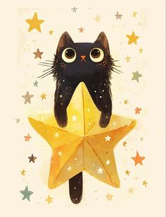 a black cat with big eyes sitting on top of a yellow star shaped origami