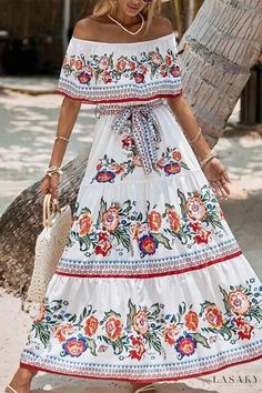 Lasaky - Delightful Botanical Prints Off-the-Shoulder Women's Dresses Spring Floral Print Off-shoulder Midi Dress, Floral Print Off-shoulder Dress For Garden Party, Spring Floral Print Off Shoulder Dress For Garden Party, Off-shoulder Floral Print Maxi Sundress, Summer Off-shoulder Dress With Floral Print For Brunch, Summer Off Shoulder Dress With Floral Print For Brunch, Bohemian Strapless Sundress With Floral Print, Bohemian One Shoulder Brunch Dress, White Off-shoulder Sundress Maxi Dress