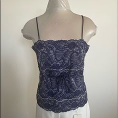 Kay Celine New With Tags! Blue Lace Tank Top With White Trim Size Xl Fits 10/12 Sleeveless Blue Lace Tops, Blue Lace Sleeveless Tops, Elegant Navy Sleeveless Top, Blue Fitted Lace Top, Fitted Blue Lace Top, Chic Blue Camisole Top, Blue Casual Lace Top, Casual Blue Lace Top, Blue Lace Tops For Spring