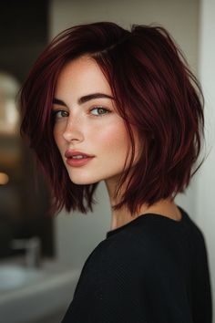 50+ Awesome Black Cherry Hair Color Ideas for 2024 – CreativeBooster Cherry Red Bob, Black Roots Red Hair, Bold Haircut, Red Bob Haircut, Modern Disco, Black Cherry Hair Color, Red Bob Hair, Black Cherry Hair, Cherry Hair Colors