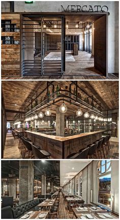 the inside and outside of a restaurant with wooden tables, chairs, and lights hanging from the ceiling