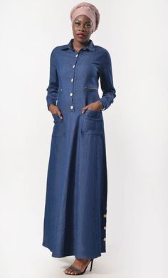 Featuring a Metal Sheen buttons opening at the front, defined 2pockets and beautiful collar neck detailing. This versatile dress will keep you looking polished at the office, on dinner dates or weekend outings. Fabric: Denim This abaya has full sleeves with cuffs. This abaya has lapel collar neckline The fabric is light medium-soft denim, and looks very trendy on an dress. Wash Care: Cold wash Only *INCLUDED POCKETS FOR BETTER UTILITY* Complete The Look:- Looking for something special to glam yo Elegant Collared Denim Dress For Work, Elegant Denim Dress With Button Closure For Work, Elegant Denim Dress With Button Closure, Elegant Button-up Denim Dress For Fall, Elegant Button-up Denim Dress With Pockets, Elegant Denim Dress With Button Closure For Fall, Classic Denim Dress For Work With Button Closure, Collared Denim Dress With Button Closure For Work, Elegant Long Sleeve Denim Dress With Button Closure