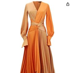 This Elegant Dress Is Perfect For Any Occasion. The Vibrant Orange Colorblock Pattern With Pleats Is Sure To Turn Heads And The Twist-Front Empire Style Adds A Touch Of Sophistication. The Dress Is Made From High-Quality Polyester Material And Features Long Sleeves, A V-Neckline, And A Midi Length. Whether You're Attending A Party, Wedding, Or Formal Event, This Dress Is Sure To Make A Statement. Plated Skirt, Burnt Orange Dress, Mid Calf Dresses, Dress Sash, Dress Crafts, Looks Chic, Colorblock Dress, Orange Dress, Mode Inspiration