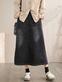 Details: Gender: Women Item Type: Skirt Material: Cotton Season: Spring, Autumn Pattern: Solid Style: Casual, Loose, Retro Waist Type: Elastic Waist Size: L Waist: 68.00 - 88.00 cm/ 26.77 - 34.65 " Length: 85.00 cm/ 33.46 " Size: XL Waist: 72.00 - 92.00 cm/ 28.35 - 36.22 " Length: 87.00 cm/ 34.25 " Casual Full-length Dark Wash Skirt, Casual Denim Skirt For Winter, Casual Full Length Dark Wash Skirt, Casual Denim Winter Skirt, Winter Denim Skirt With Pockets, Casual High-waist Denim Skirt For Winter, Casual High Waist Denim Skirt For Winter, A Line Denim Skirt, Boys Necklace