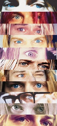 many different colored eyes with one woman's face and the other man's head